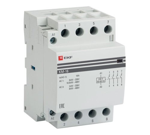 Контактор модульный EKF km-3-16-40 КМ 16А 4NO (3 мод.) PROxima Контактор модульный EKF km-3-16-40 КМ 16А 4NO (3 мод.) PROxima