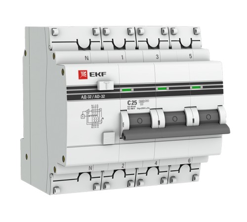 EKF DA32-25-30-4P-pro Дифференциальный автомат АД-32 3P+N 25А/30мА (хар. C, AC, электронный, защита 270В) 4,5кА EKF PROxima EKF DA32-25-30-4P-pro Дифференциальный автомат АД-32 3P+N 25А/30мА (хар. C, AC, электронный, защита 270В) 4,5кА EKF PROxima