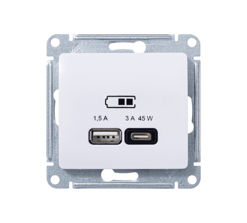 GLOSSA USB РОЗЕТКА A + тип-C 45W высокоскорост. зарядка QC, PD, механизм, БЕЛЫЙ GLOSSA USB РОЗЕТКА A + тип-C 45W высокоскорост. зарядка QC, PD, механизм, БЕЛЫЙ