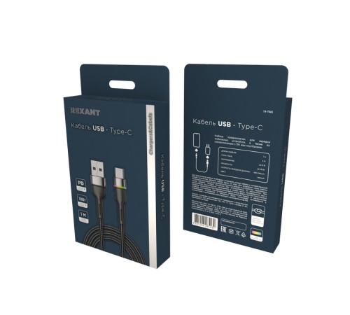 Rexant (18-7065) Кабель USB-A – Type-C, 3А, 18Вт, 1м, в черной нейлоновой оплетке, с LED подсветкой Rexant (18-7065) Кабель USB-A – Type-C, 3А, 18Вт, 1м, в черной нейлоновой оплетке, с LED подсветкой