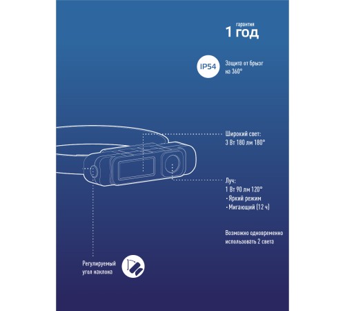 Фонарь налобный аккум/1ВтLED+3ВтCOBLED/Li-ion 18650 800mAh/ABS-пластик/USB-шнур Фонарь налобный аккум/1ВтLED+3ВтCOBLED/Li-ion 18650 800mAh/ABS-пластик/USB-шнур