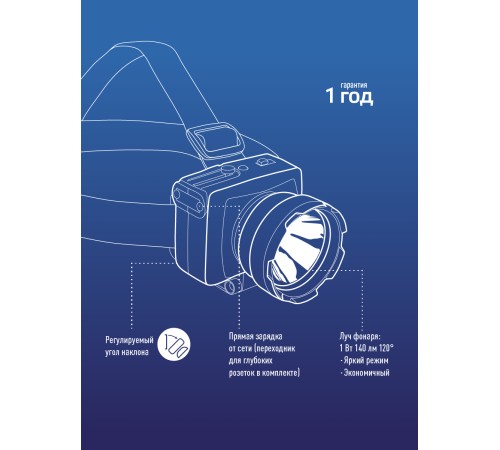 Фонарь налобный аккумуляторный, 1W, аккум. 4V 0,5Ah, 140Лм, 12 часов Фонарь налобный аккумуляторный, 1W, аккум. 4V 0,5Ah, 140Лм, 12 часов