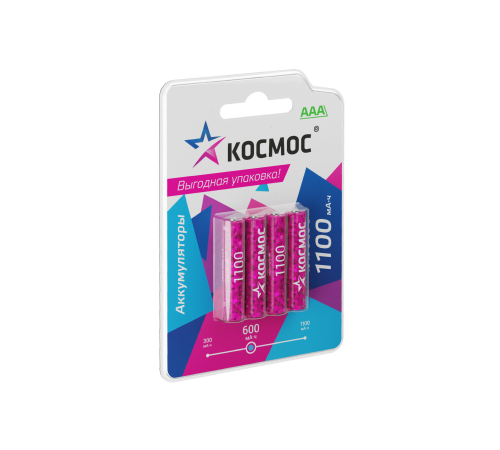 Аккумулятор R03 (ААА) 1100mAh Ni-MH 4 на блистере, КОСМОС Аккумулятор R03 (ААА) 1100mAh Ni-MH 4 на блистере, КОСМОС