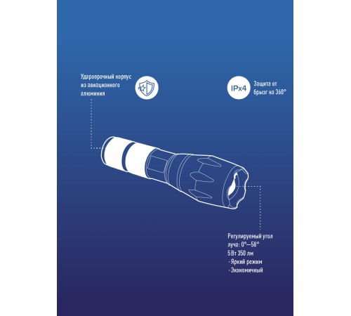 Фонарь ручной 5Вт Q5 LED, авиационный алюминий, питание 1*3.7V 18650 Li-on, 350Lm