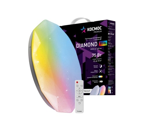 Светильник светодиодный ДБО-75 настенно-потолочный управляемый DIAMOND-RGB 230В 3000-6500K 6000Лм 502x83мм с RGB подсветкой