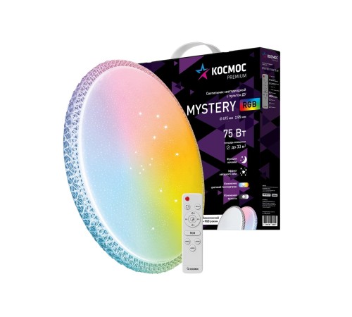 Светильник светодиодный ДБО-75 настенно-потолочный управляемый MYSTERY RGB 230В 3000-6500K 6000Лм 495x85мм с RGB подсветкой