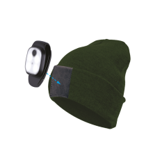 Шапка с фонарем, цвет хакки, фонарь-клипса съемный, красный и белый цвет свечения + SOS (мигающий красный)