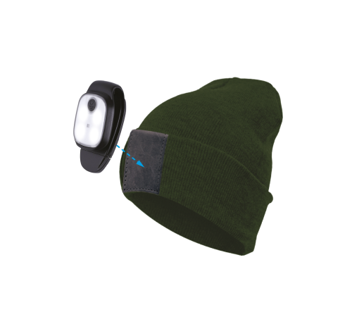 Шапка с фонарем, цвет хакки, фонарь-клипса съемный, красный и белый цвет свечения + SOS (мигающий красный)