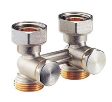 Узел нижнего подключения стальных панельных радиаторов 3/4'Fx3/4'E, прямой, для двухтрубных систем. Содержит отсечной клапан для перекрытия и балансировки.