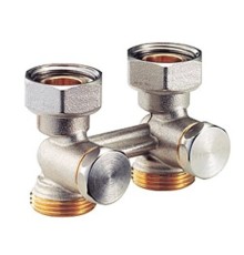 Узел нижнего подключения стальных панельных радиаторов 3/4'Fx3/4'E, прямой, для двухтрубных систем. Содержит отсечной клапан для перекрытия и балансировки.