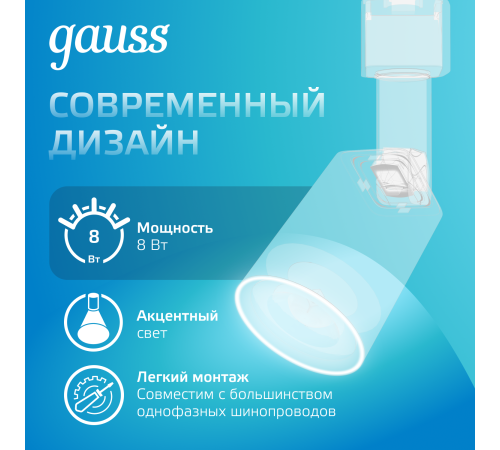 Светильник светодиодный трековый однофазный LED ДПО 8 Вт 600 Лм 4000К IP20 d59х164 мм Track Gauss Gauss TR089 Светильник светодиодный трековый однофазный LED ДПО 8 Вт 600 Лм 4000К IP20 d59х164 мм Track Gauss Gauss TR089
