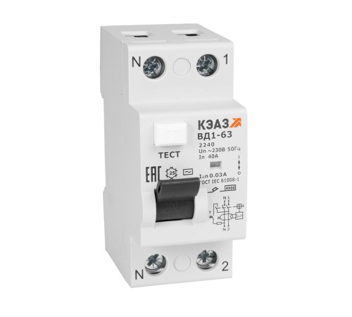 Выключатель дифференциального тока (УЗО) без защиты от сверхтоков 2П 16А 10мА ВД1-63-2116-АС-УХЛ4-КЭАЗ