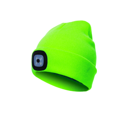 Шапка с фонарем зеленая, универсальный размер. Съемный фонарь, 3 уровня яркости