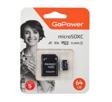 Карта памяти microSD GoPower 64GB Class10 70 МБ/сек V30 с адаптером GoPower 00-00025676