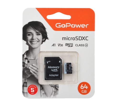 Карта памяти microSD GoPower 64GB Class10 70 МБ/сек V30 с адаптером GoPower 00-00025676