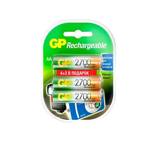 Перезаряжаемые аккумуляторы GP 270AAHC AA, мин. ёмкость 2600 мАч - 6 шт.(4+2 в подарок) в клемшеле GP 4891199164507 Перезаряжаемые аккумуляторы GP 270AAHC AA, мин. ёмкость 2600 мАч - 6 шт.(4+2 в подарок) в клемшеле GP 4891199164507