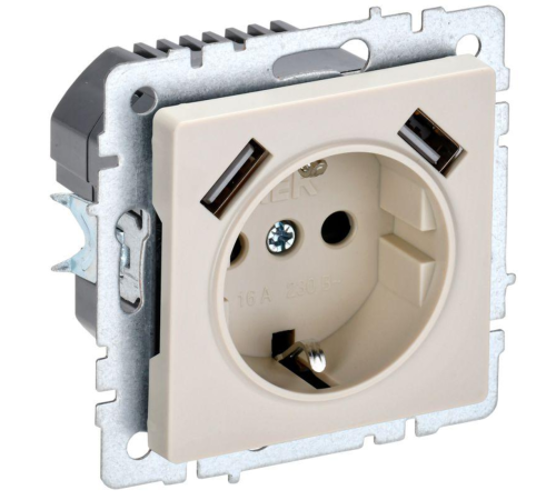 Розетка BRITE РЮш10-2-БрКр 16А с USB A+A 3.1А с заземл. защ. шторки беж. IEK BR-R14-16-U21-D31-K10