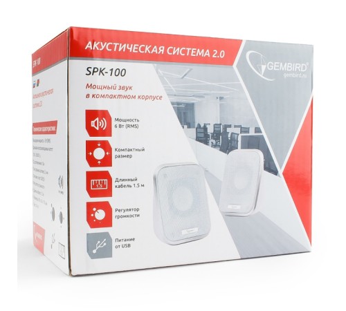 Акустич. система 2.0 Gembird SPK-100-W, белый, 6 Вт, регулятор громкости, USB-питание
