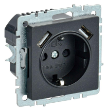 Розетка BRITE РЮш10-1-БрЧ 16А с USB A+A 2.1А с заземл. защ. шторки черн. IEK BR-R14-16-U21-D21-K02