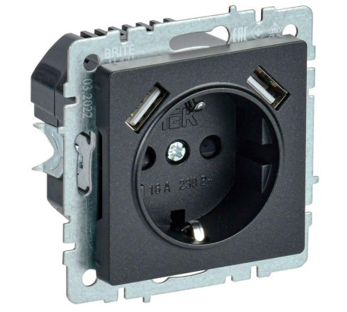 Розетка BRITE РЮш10-1-БрЧ 16А с USB A+A 2.1А с заземл. защ. шторки черн. IEK BR-R14-16-U21-D21-K02