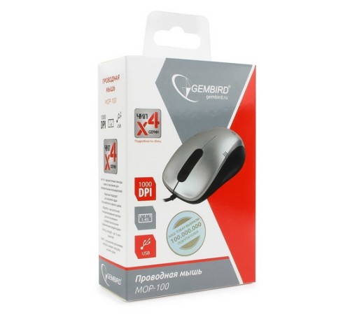 Мышь Gembird MOP-100-S, USB, серебристый, 2 кнопки+колесо кнопка, 1000 DPI, кабель 1.45м