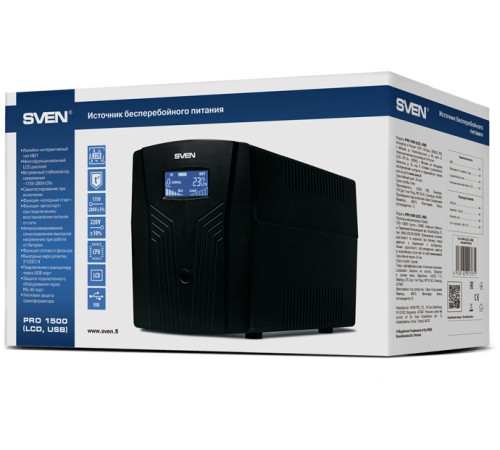 ИБП SVEN Pro 1500 (LCD, USB), линейно-интерактивный, автоматический стабилизатор напряжения, 1500Вт, 900Ва, 3 евророзетки, USB, RJ-45, черный, габариты 140?350?175мм, 10кг. (SV-013875)