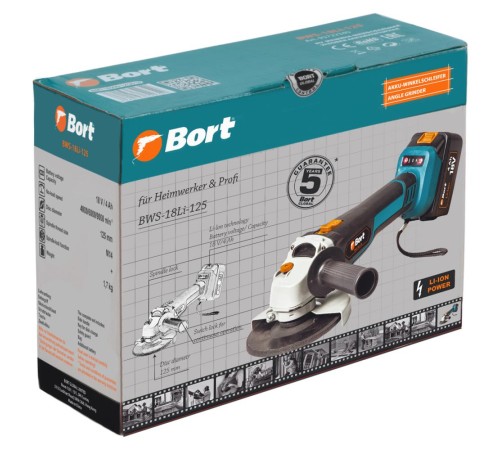 Bort Машина шлифовальная угловая аккумуляторная BWS-18Li-125 {18 В; Li-Ion ; 3 Ач; 9000 об/мин; 22,5 мм; 1,7 кг; 4 Ач; батарей 2 шт; аксессуаров 5 шт; гарантия 2 г} [93722340]