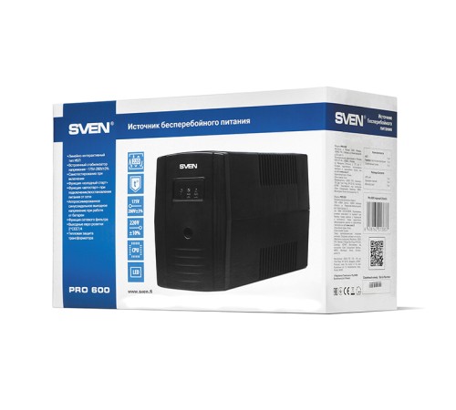 ИБП SVEN Pro 600, линейно-интерактивный, автоматический стабилизатор напряжения, 360Вт, 600Ва, 2 евророзетки, черный, габариты 100х295х145мм, 4,3кг. SVEN Pro 600 (SV-013837)