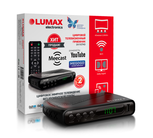 Эфирный цифровой ресивер DV1107HD, DVB-Т2+С, GX чип, Wi-Fi, Dolby, дисплей, 3xRCA, HDMI, 4 кнопки, адаптер питания 5В Эфирный цифровой ресивер DV1107HD, DVB-Т2+С, GX чип, Wi-Fi, Dolby, дисплей, 3xRCA, HDMI, 4 кнопки, адаптер питания 5В