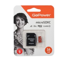 Карта памяти microSD GoPower 16GB Class10 UHS-I (U3) 80 МБ/сек V10 с адаптером GoPower 00-00025678