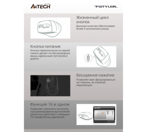 Мышь беспроводная A4Tech Fstyler FG30S grey/blue (USB, оптическая, 2000dpi, 6but, silent) (FG30S BLUE)