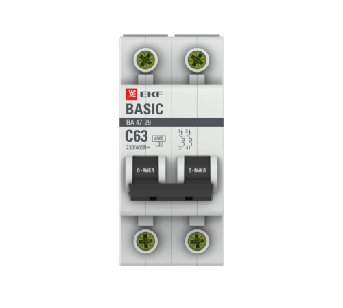 EKF mcb4729-2-63C Автоматический выключатель 2P 63А (C) 4,5кА ВА 47-29 EKF Basic EKF mcb4729-2-63C Автоматический выключатель 2P 63А (C) 4,5кА ВА 47-29 EKF Basic