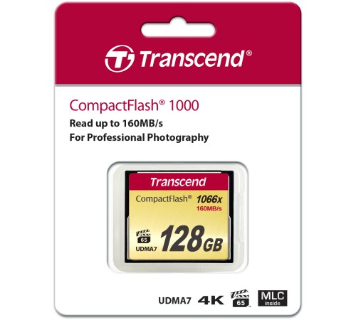 128GB Transcend CompctFlash 1000X MLC, R: 160MB/s Поддерживает запись в высоком разрешении Full-HD, 3D и 4K UHDTV (2160p)