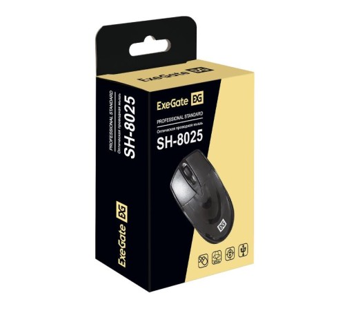 Exegate EX295306RUS Мышь ExeGate Professional Standard SH-8025 (USB, оптическая, 1000dpi, 3 кнопки и колесо прокрутки, длина кабеля 1,5м, черная, Color Box)