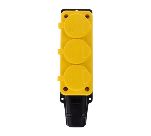 REXANT 111-126 Розетка каучуковая 3 гнезда с крышкой (колодка) желтая, с/з, 16А, IP54