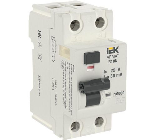 Выключатель дифференциального тока (УЗО) 2п 25А 30мА тип AC ВДТ R10N ARMAT IEK AR-R10N-2-025C030
