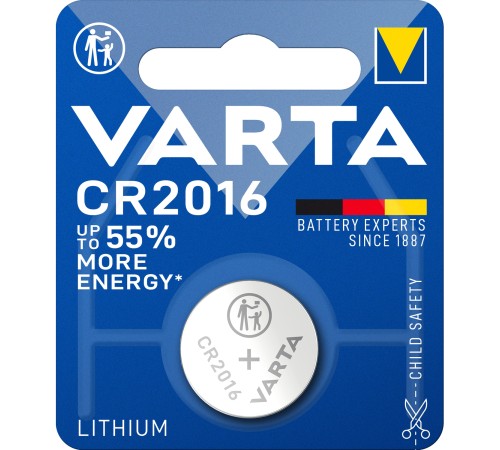Батарейка Varta ELECTRONICS CR2016 BL1 Lithium 3V (6016) (1/10/100) Varta PRIMARY LITHIUM CR2016 (06016101401)