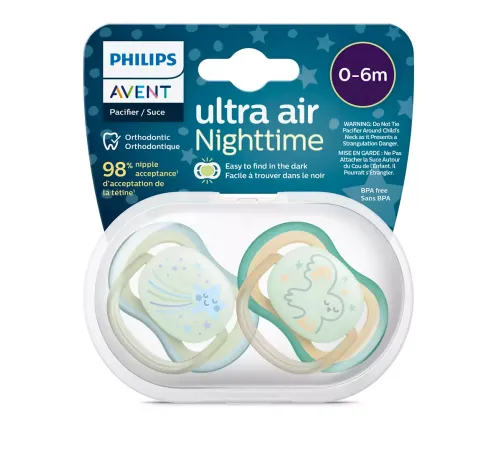 Пустышка ultra air, ночная, звезда/сова, 0-6 мес., 2 шт. Philips Пустышка ultra air, ночная, звезда/сова, 0-6 мес., 2 шт. (SCF376/18)