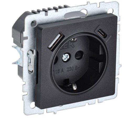 Розетка BRITE РЮш11-1-БрЧ 16А с USB A+C 18Вт с заземл. защ. шторки черн. IEK BR-R14-16-U22-018-K02
