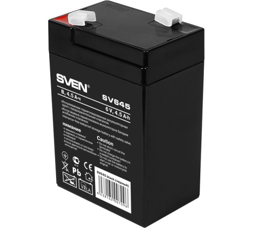 Батарея SVEN SV 645 (6V 4.5Ah), напряжение 6В, емкость 4.5А*ч, макс. ток разряда 67А, макс. ток заряда 1.35А, свинцово-кислотная типа AGM, тип клемм F1, Д/Ш/В 70/47/100, 0.8 кг Sven SV-0222064