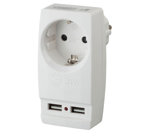 ЭРА Б0026332 Адаптер "Polynom" SP-1e-USB-W 1гн 220V + 2xUSB 2100mA, c заземл, (белый)
