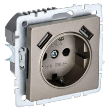 Розетка BRITE РЮш10-1-БрШ 16А с USB A+A 2.1А с заземл. защ. шторки шампань IEK BR-R14-16-U21-D21-K37