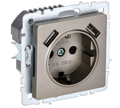 Розетка BRITE РЮш10-1-БрШ 16А с USB A+A 2.1А с заземл. защ. шторки шампань IEK BR-R14-16-U21-D21-K37