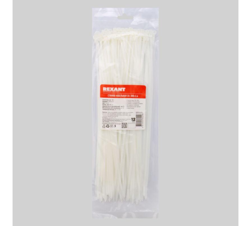 REXANT (07-0300) Хомут nylon 4.0 х 300 мм 100 шт белый REXANT (07-0300) Хомут nylon 4.0 х 300 мм 100 шт белый