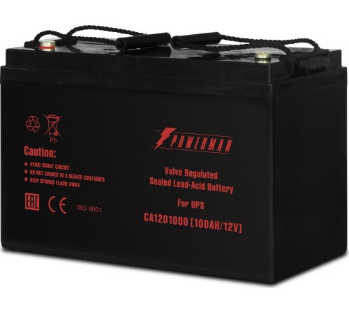 Батарея POWERMAN Battery CA121000, напряжение 12В, емкость 100Ач, макс. ток разряда 800А, макс. ток заряда 30А, свинцово-кислотная типа AGM, тип клемм М2, Д/Ш/В 329/172/215, 27.7 кг. Powerman CA121000/UPS (POWERMAN Battery 12V/100AH)