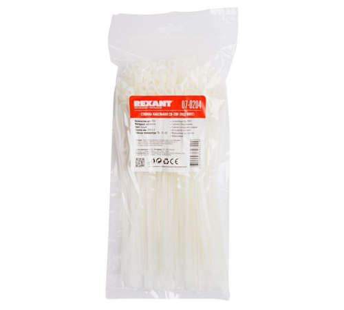 REXANT (07-0204) Хомут под винт nylon 4.8 х 200 мм 100 шт белый REXANT (07-0204) Хомут под винт nylon 4.8 х 200 мм 100 шт белый