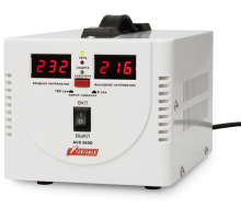 Стабилизатор POWERMAN AVS 500D, ступенчатый регулятор, цифровые индикаторы уровней напряжения, 500ВА, 140-260В, максимальный входной ток 5А, 2 евророзетки, IP-20, напольный,  200мм х 150мм х 140мм, 2,3 кг. POWERMAN AVS 500D
