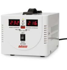Стабилизатор POWERMAN AVS 500D, ступенчатый регулятор, цифровые индикаторы уровней напряжения, 500ВА, 140-260В, максимальный входной ток 5А, 2 евророзетки, IP-20, напольный,  200мм х 150мм х 140мм, 2,3 кг. POWERMAN AVS 500D
