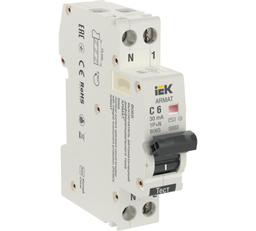IEK AR-B06S-1N-C06C030 ARMAT АВДТ B06S 1P+NP C6 30мА тип AC (18мм) IEK AR-B06S-1N-C06C030 ARMAT АВДТ B06S 1P+NP C6 30мА тип AC (18мм)