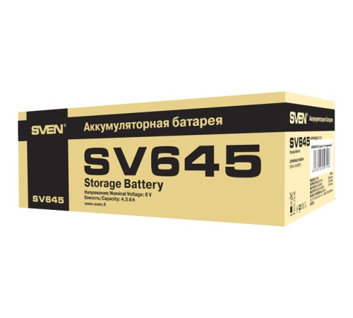 Батарея SVEN SV 645 (6V 4.5Ah), напряжение 6В, емкость 4.5А*ч, макс. ток разряда 67А, макс. ток заряда 1.35А, свинцово-кислотная типа AGM, тип клемм F1, Д/Ш/В 70/47/100, 0.8 кг Sven SV-0222064
